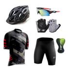 Kit Conjunto Ciclismo Camisa Proteção UV e Bermuda em Gel + Capacete Ciclismo + Luvas Ciclismo + Óculos