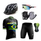 Kit Conjunto Ciclismo Camisa Proteção UV e Bermuda em Gel + Capacete Ciclismo + Luvas Ciclismo + Óculos