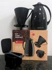 Kit Conjunto Garrafa Térmica de Café 650ml Florença Preta c/ Bico Anti Gotas e Alça + Açucareiro 350ml c/ Colher + Suporte p/ Filtro Coador