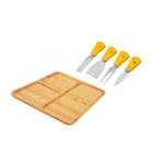 Kit Conjunto Para Queijos e Frios Petisqueira com 3 Divisórias de Bambu e Com 4 Espátulas em Inox Cheese 5 Peças