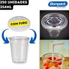 Kit Copo 354ml Pet Cristal Transparente 12 OZ/98 + Tampa Reta Plana COM Furo Bompack - 250 Unidades