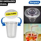 Kit Copo 354ml Pet Cristal Transparente 12 OZ/98 + Tampa Reta Plana COM Furo Bompack - 50 Unidades