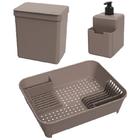 Kit Coza Escorredor de Louças 45x35x11cm 14 Pratos + Lixeira 2,5L + Dispenser Detergente 500ml Warm Gray Brinox