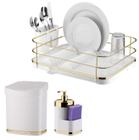 Kit Cozinha 3 Peças Escorredor Louça Lixeira 2,5L Dispenser Detergente Branco Dourado - Future