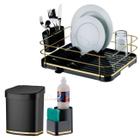 Kit Cozinha 3 Peças Escorredor Louça Talheres Lixeira 2,5L Organizador Pia Preto Dourado - Future