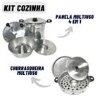 Kit Cozinha Com Panela 4 em 1 Cuscuzeira Pipoqueira Pudim + Churrasqueira Multiuso Vigorosa de Fogão