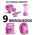 Kit Cozinha Infantil com 9 Brinquedos Fogão Batedeira Liquidificador Airfryer Panelinhas e Panela de pressão