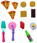 Kit cozinha infantil comidinha lanche com pizza carretilha espátula ovo frito bolacha salsicha barra chocolate brinquedo -12 peças