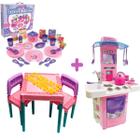 Kit Cozinha Infantil Pia Fogão Forno + Mesinha Rosa e Jantar