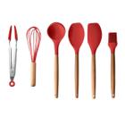 Kit Cozinha Silicone Vermelho Cabo Madeira 7Pçs Utensílios - 123 Util