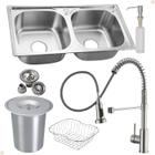 Kit Cuba Dupla Inox Acessórios Com Torneira Gourmet Misturador Monocomando Extensível Aço Escovado E Lixeira de Embutir 5 Litros