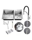 Kit Cuba Dupla Pia com Acessórios Cozinha Gourmet e Torneira Monocomando Flexível Silicone Inox