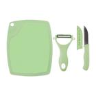 Kit Culinário 3 Peças Faca Ceramica Descascador Tábua Verde