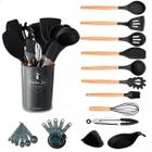 Kit De 14 Utensílios de Cozinha Em Silicone com Cabo de Madeira e Balde Organizador