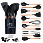 Kit De 15 Utensílios de Cozinha Em Silicone com Cabo de Madeira e Balde Organizador