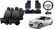 Kit de Acessórios para Carro: Capa de Couro Veloster 11-14 + Tapete + Capa de Volante