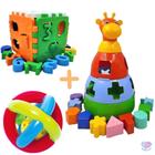 Kit de brinquedos educativos girafa + bola chocalho + cubo didatico