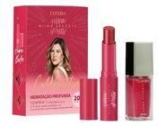 Kit de maquiagem Eudora Niina Secrets Celebration contendo uma caixa promocional, um batom e um esmalte em tons de rosa.