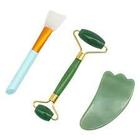 Kit de Massagem Facial e Corporal Rolo Jade Pedra Gua Sha Pincel de Silicone Skincare