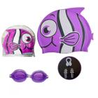 Kit De Natação Infantil Óculos + Touca Peixinho+ Protetores lilas