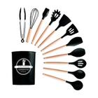 Kit de Utensílios de Cozinha Preto 12 Peças Madeira/Silicone