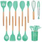 Kit de Utensílios Para Cozinha 12 Peças, de Silicone e Cabo de Madeira, Antiaderente, Possui Espátulas, Colheres, Pegadores, Fouet, Pincel e Suporte