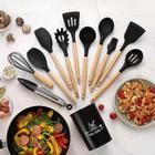 KIT de Utensílios Para Cozinha em Silicone e Madeira 12 Peças Preto Com Balde