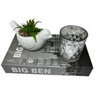Kit decoração livro Big Ben + vaso pássaro + castiçal prata