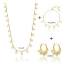 Kit Denise - Colar Fio Palito + Brinco Chapinha + Pulseira Banhado em Ouro 18k