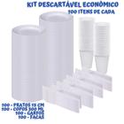 Kit Descartável Festa Infantil Aniversário Churrasco e Comemoração Conjunto de 100 itens Prato 15cm Garfo Faca e Copo Branco 100 Peças de Cada