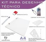 Kit Desenho Técnico Prancheta Engenharia ARQUITETURA A4 FORMICA Esquadro 26 cm Compasso 303 GABARITO BORRACHA Regua 30 C