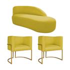 Kit Divã Luna 140cm Lado Direito e 02 Poltronas Base de Ferro Dourado Suede Amarelo - Amarena Móveis