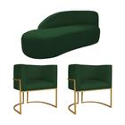 Kit Divã Luna 160cm Lado Esquerdo e 02 Poltronas Base de Ferro Dourado Suede Verde