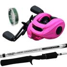 Kit Elas Pescam Carretilha Maruri Montana 10000 Pink Vara Diamond 1,80mts e Linha