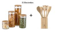 Kit Electrolux: 4 Potes de Vidro Herméticos com Tampa de Bambu + Conjunto de Utensílios de Bambu 6 Peças