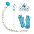 Kit Elsa Frozen Fantasia Trança Coroa Luvas Varinha