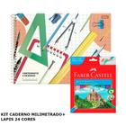 Kit escolar caderno de desenho milimetrado + lapis 24 cores