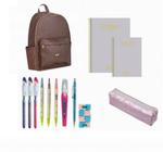 Kit Escolar Completo - Mochila Marrom PU + Materiais de Escritório