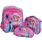 Kit Escolar Efeito 3D Mochila + Lancheira + Estojo Infantil Frozen Ana Elsa Criança Menina Feminina Rosa Alto Relevo