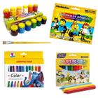 Kit Escolar Infantil com Massa de Modelar Guache Giz de Cera e Canetinha Hidro Pintura Desenho Modelagem Acrilex