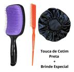 Kit Escova Cabelo Raquete, Pente 3 Fileiras, Touca Cetim