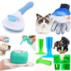 Kit Escova Luva Tira Pelos Esponja Banho Silicone Pet Mordedor Dente