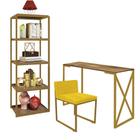 Kit Escritório Bex 1 Cadeira Sintético Amarelo com 1 Mesa e 1 Livreiro Ferro Dourado MDF Demolição - Ahazzo Móveis