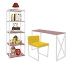 Kit Escritório Bex 1 Cadeira Suede Amarelo com 1 Mesa e 1 Livreiro Ferro Branco MDF Rose Rosa - Ahazzo Móveis