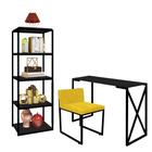 Kit Escritório Bex 1 Cadeira Suede Amarelo com 1 Mesa e 1 Livreiro Ferro Preto MDF Preto - Ahazzo Móveis