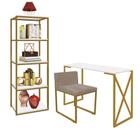 Kit Escritório Bex 1 Cadeira Suede Bege com 1 Mesa e 1 Livreiro Ferro Dourado MDF Branco - Ahazzo Móveis