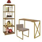 Kit Escritório Bex 1 Cadeira Suede Bege com 1 Mesa e 1 Livreiro Ferro Dourado MDF Caramelo - Ahazzo Móveis