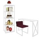 Kit Escritório Bex 1 Cadeira Suede Bordô com 1 Mesa e 1 Livreiro Ferro Branco MDF Branco - Ahazzo Móveis