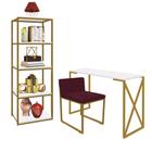 Kit Escritório Bex 1 Cadeira Suede Bordô com 1 Mesa e 1 Livreiro Ferro Dourado MDF Branco - Ahazzo Móveis