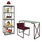 Kit Escritório Bex 1 Cadeira Suede Bordô com 1 Mesa e 1 Livreiro Ferro Marrom MDF Verde Oliva - Ahazzo Móveis